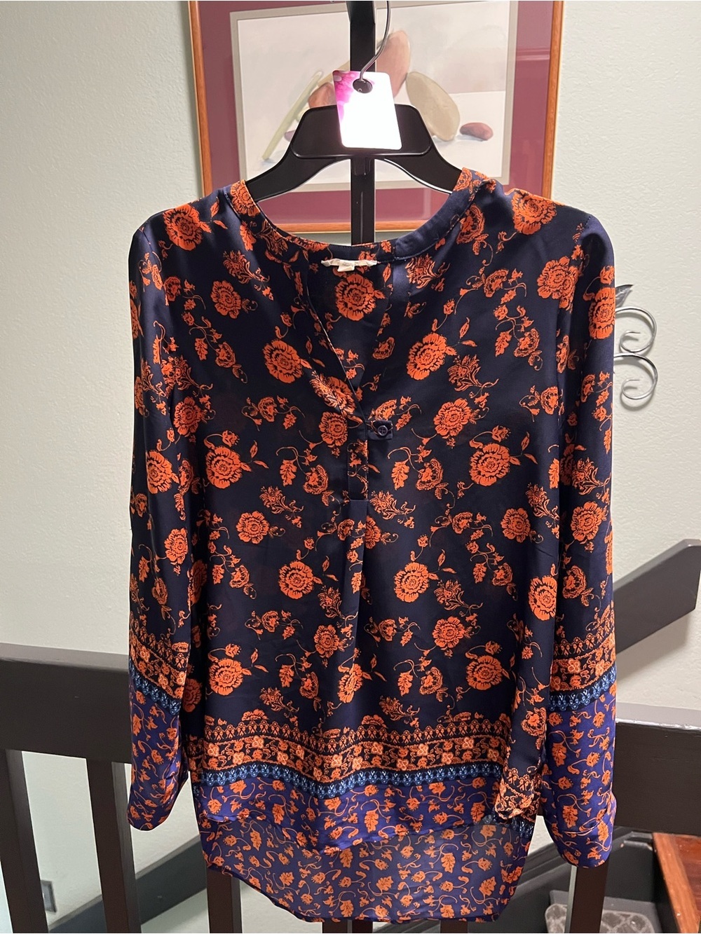 HIgh/Low Pleione Navy Blouse with Orange Floral Print #079